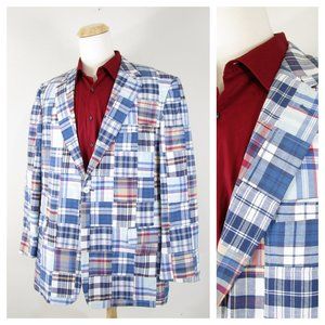 Haspel Red-White-Blue Cotton Madras Plaid Sport Coat Jacket, Men's Size 46L